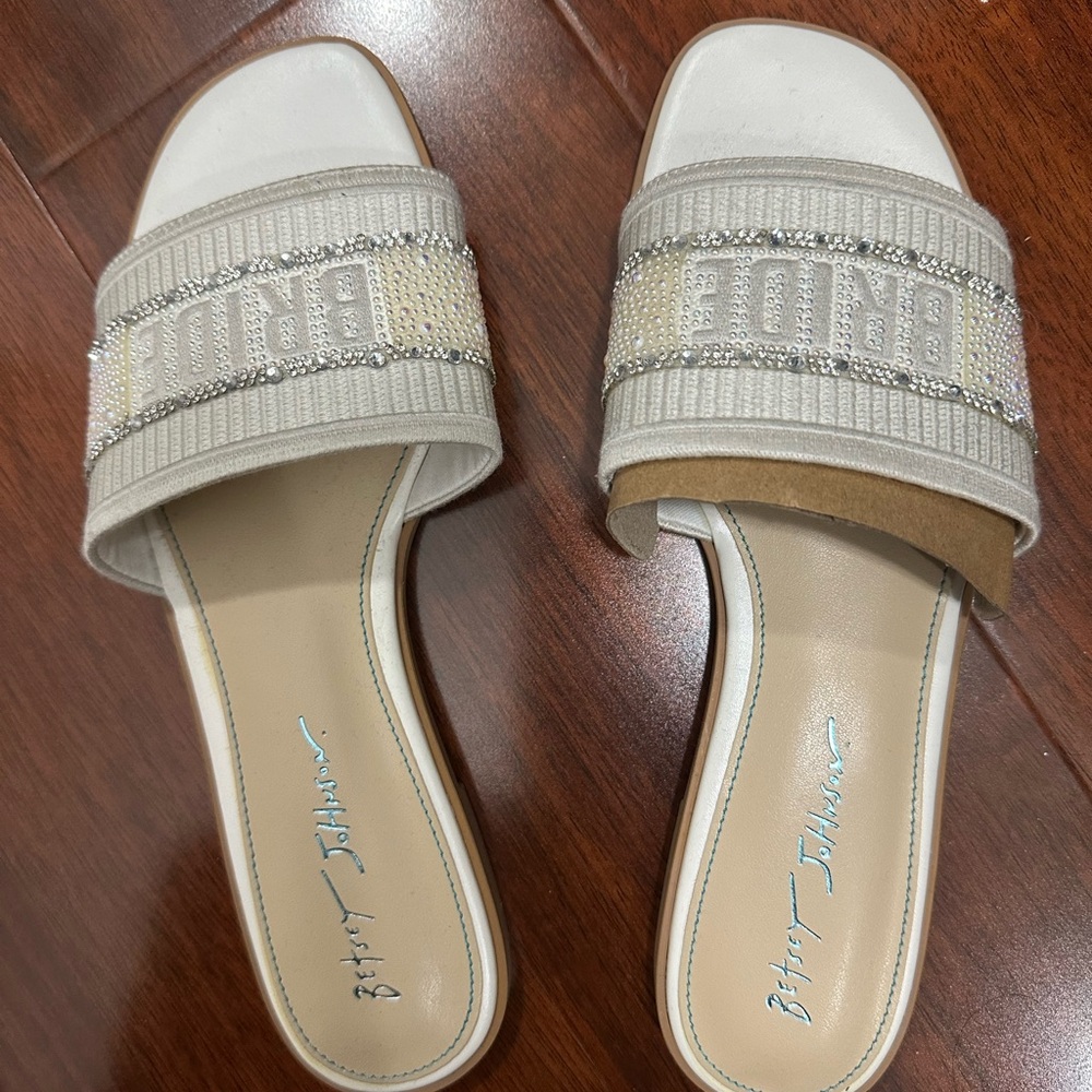Betsey Johnson Beige and Silver Bride Slide Sandals
